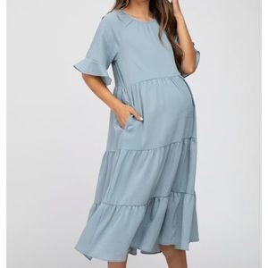 Pinkblush Small Light Blue Tiered Maternity Midi Dress